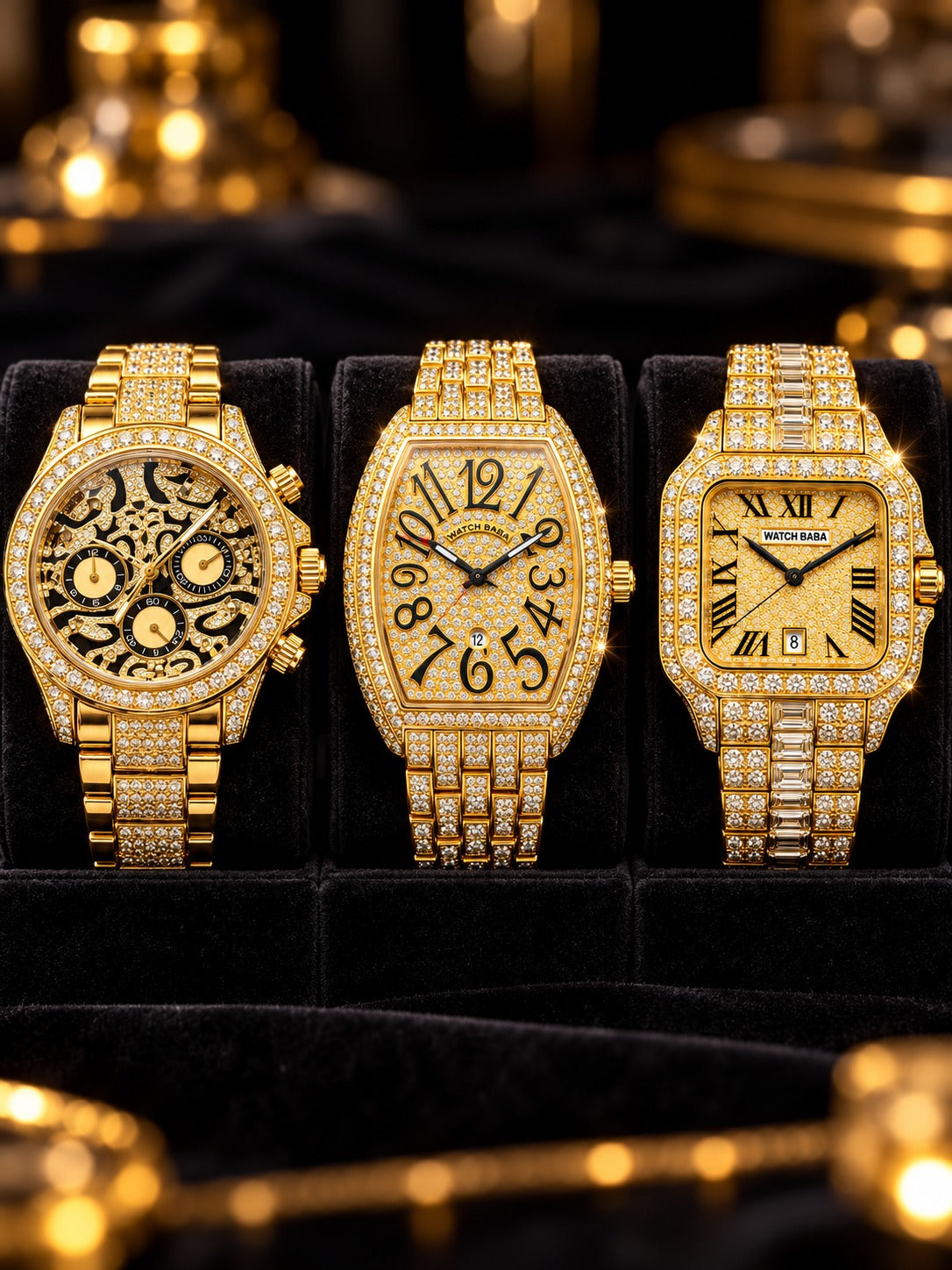 Watch Baba Luxury Golden Watches Combo for Men – Set of 3 | Royal Diamond Design