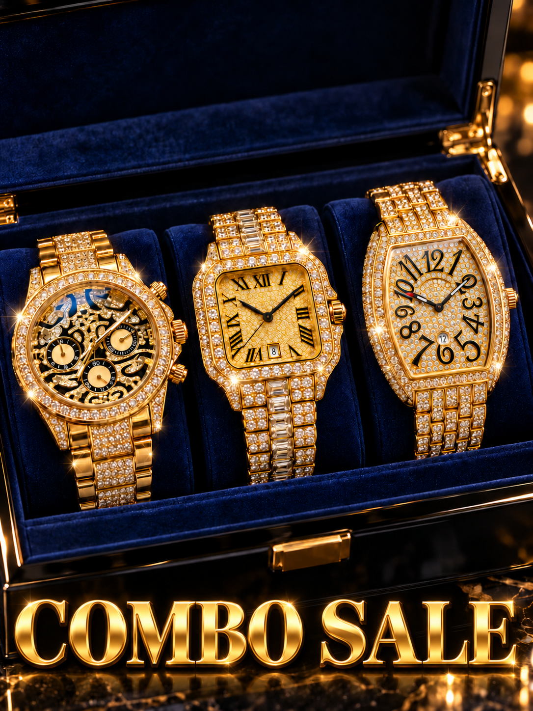 Watch Baba Luxury Golden Watches Combo for Men – Set of 3 | Royal Diamond Design