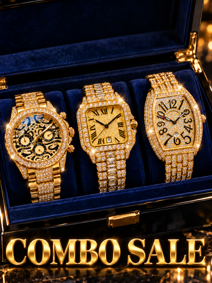 Watch Baba Luxury Golden Watches Combo for Men – Set of 3 | Royal Diamond Design