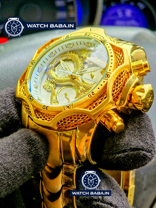 Watch Baba Dragon Golden White Dial Chronograph Men's Watch